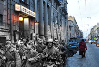 Pictures of WWII blended in with today's pictures of the same location. 