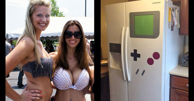 two women in bikinis and a fridge painted like a nintendo console