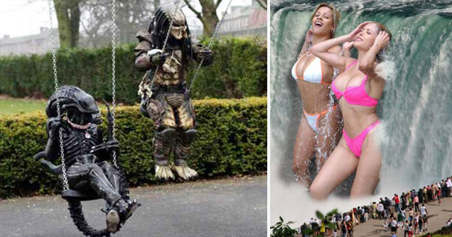 aliens in a playground and women in bikinis washing in a waterfall