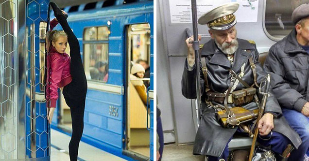 Russian man in officer outfit on subway