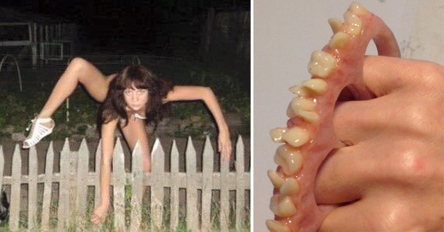 woman climbing a fence and knuckles with teeth