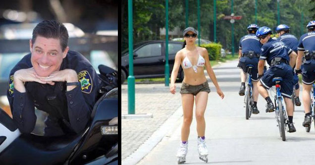 cop posing and group of bikers with one of them looking back at a woman skating