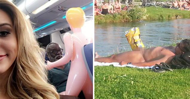 blowup doll on a plane and naked man tanning with a snack bag on his private parts