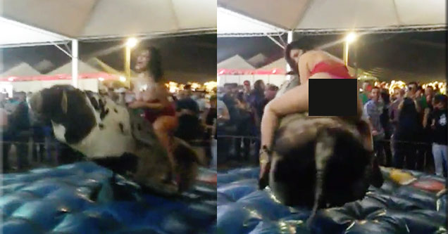 Girl With Her Ass Hanging Out Doesn't Stop Riding The Mechanical Bull 