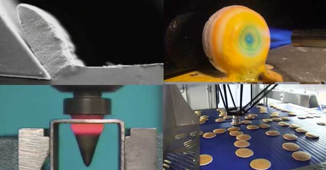 a drill bit spinning, perfect pancakes and candy being made