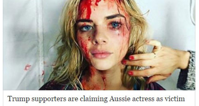 Recently, a photo was circulated by Trump supporters showing a woman who was supposedly beaten at a Trump rally. The photo, however was a photo of actress Samara Weaving in makeup on a film set.