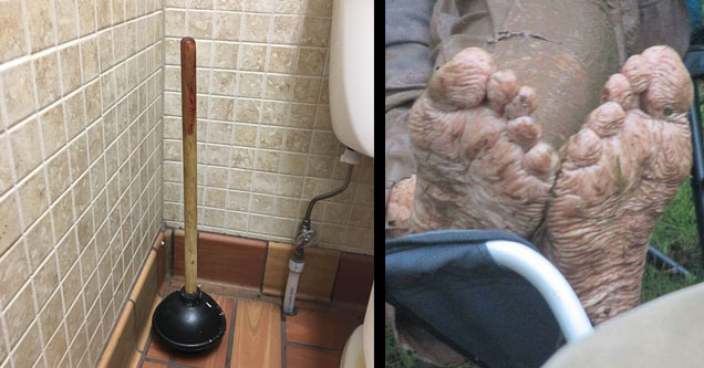 toilet pump and very wrinkly feet