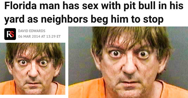 florida man news stories - Florida man has sex with pit bull in his yard as neighbors beg him to stop David Edwards At Et f Facebook Twitter More Don'T Miss Stories. Raw Story! f 546,736 poople this. Be the first of your friends.