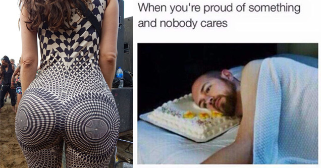 leggings with trippy print and man sleeping on a cake