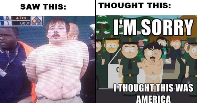 funny side by side photos of man getting arrested shirtless and similar scene from South Park