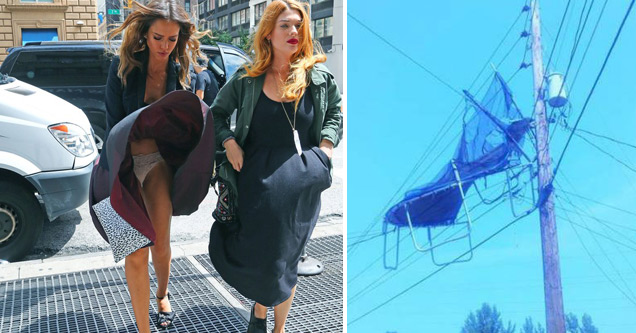 woman's dress flying in the wind and lawn chair stuck in power lines