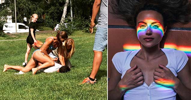 a woman in a bikini holding a person to the ground and woman with rainbow reflective light