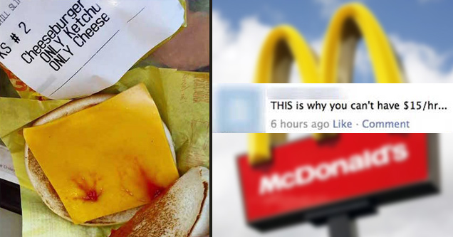 sad cheeseburger stained with ketchup and mcdonald's sign