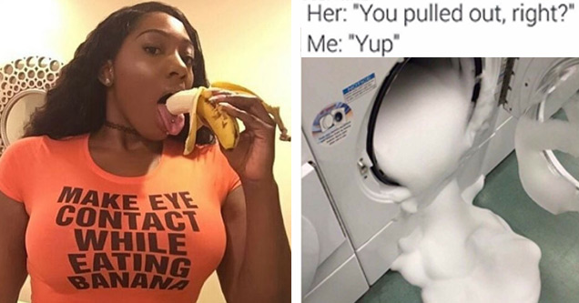 girl eating a banana while wearing a shirt saying make eye contact while eating banana and soap coming out of a washing machine