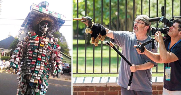 skeleton wearing outfits from cigarette packs and behind the scenes of Triumph the Insult Comic Dog