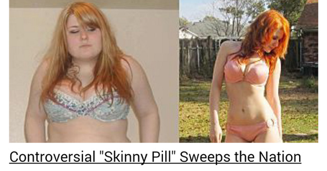 before and after pics of ginger woman and ad for skinny pill