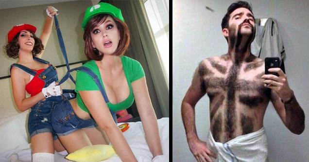 women cosplaying as mario and luigi and man with flag of britain shaved on his chest