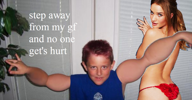 child with photoshopped muscled arms and underwear model in the background