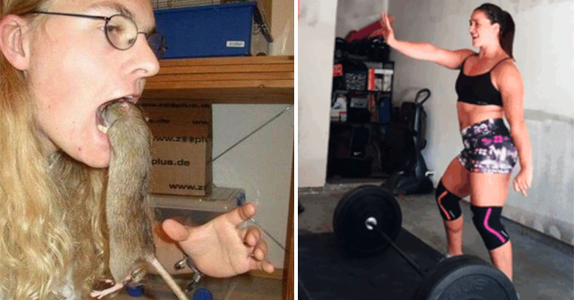 person opening their mouth for a rodent to climb in and woman preparing to lift weights