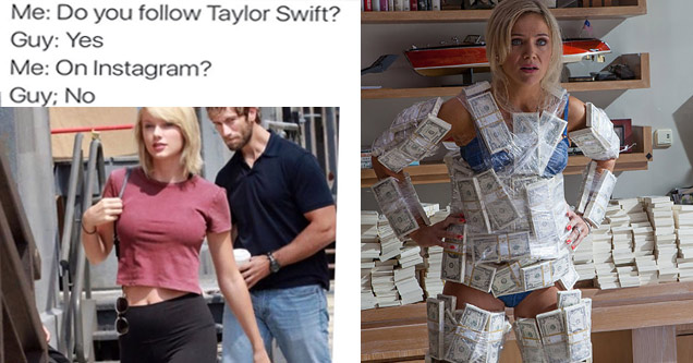 funny picture of man staring at taylor swift and woman with money taped to her body