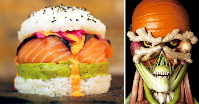 sushi burger and face made of vegetables