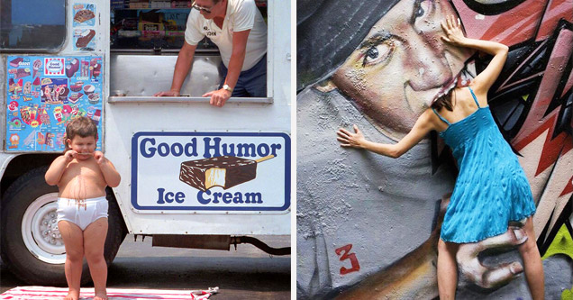 overweight child eating ice cream and woman with her head eaten by a graffiti