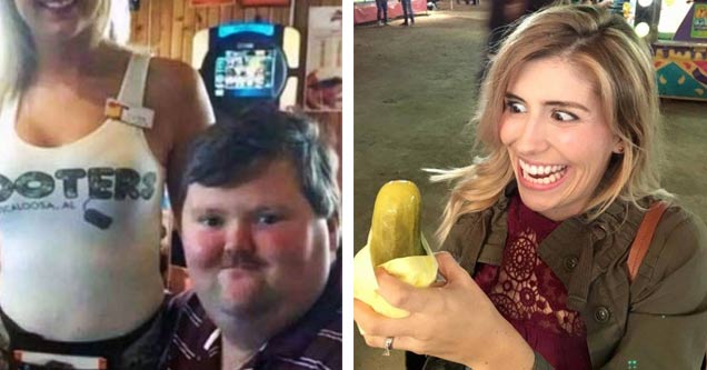 man posing with hooters waitress and woman looking excitedly at a pickle