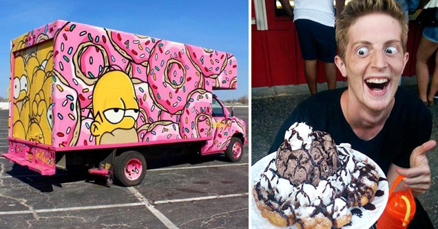 homer simpson and donuts truck and man with huge eyes looking excitedly at a cake