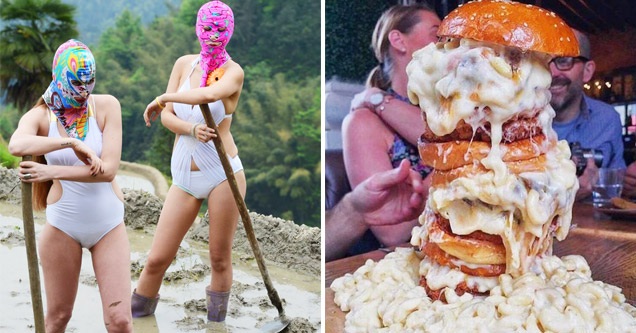 women in masks and white swimsuits and overstuffed burger