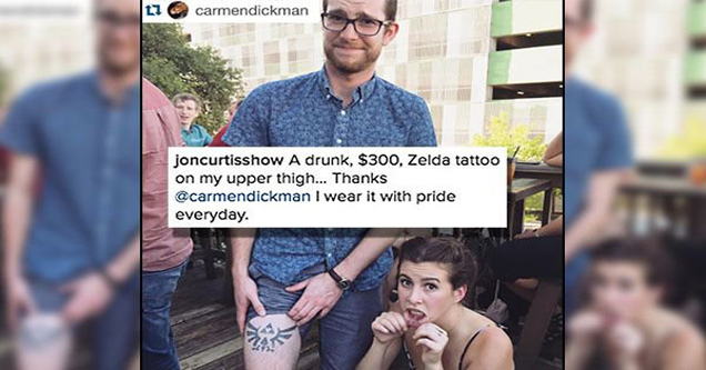 man revealing tattoo on thigh and woman showing her inner lip tattoo