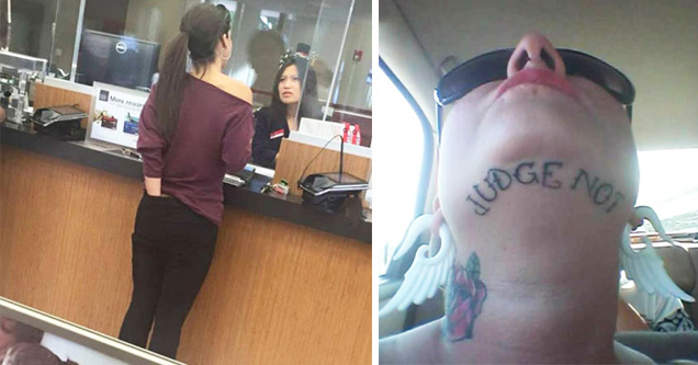 weekend fun pics - woman asking cleric something while hands down pants and man with chin tattoo about not judging people