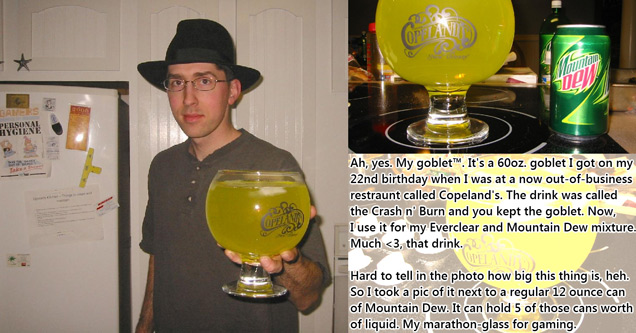 guy in fedora holding giant goblet of mt dew