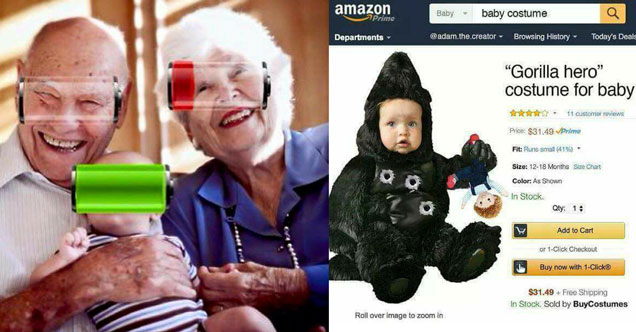 savage memes of old people gaming and a gorilla hero baby costume on amazon