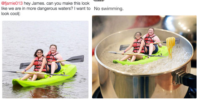 two people canoeing photoshopped to look like they're in a pot