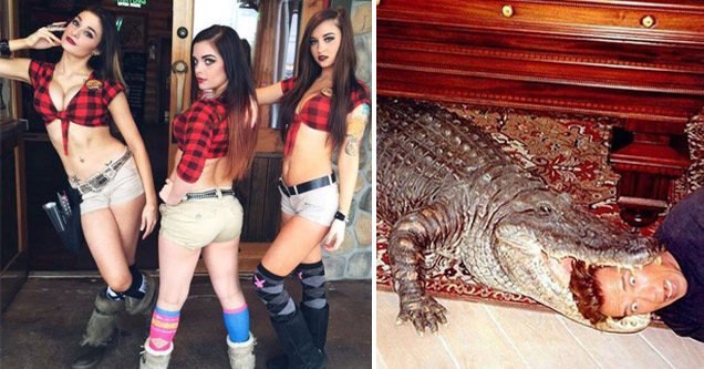 pic of three girls posing and of a man putting his head inside an alligator's mouth