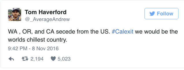 #Calexit is trending on Twitter right now and is surprisingly kind of a real thing. While it may just seem like another Twitter joke, there's actually a group that's holding a <a href="http://www.sfgate.com/news/article/California-secession-group-to-hold-meet-up-at-10594349.php">meeting today</a> in Sacramento 
Check out more at <a href="http://www.yescalifornia.org/">yescalifornia.org</a>