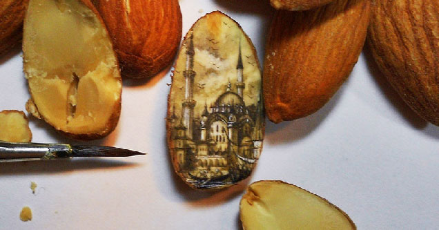 drawing of a cathedral on the inside of a hazelnut