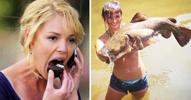 katherine heigl eating and woman holding large fish