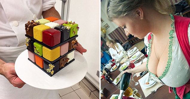 rubix cube cake and woman with deep neckline