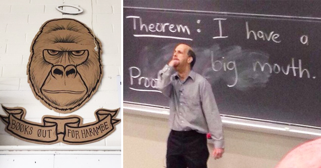 teacher standing before a blackboard and inserting his whole fist in his mouth