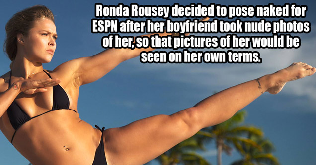 ronda rousey beach - eBaum's World Ronda Rousey decided to pose naked for Espn after her boyfriend took nude photos of her, so that pictures of her would be seen on her own terms.