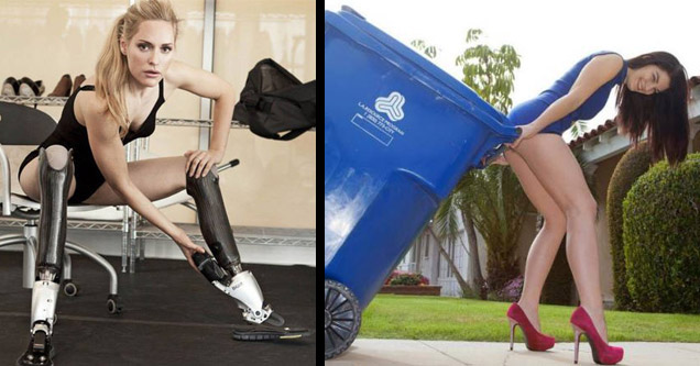 girl posing with a trash can