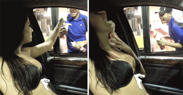 GIF of woman in underwear at drive thru rubbing ice cream all over her self