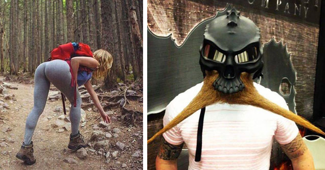 woman hiking and man in a helmet