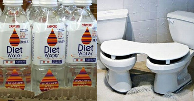 diet water and two toilets attached together