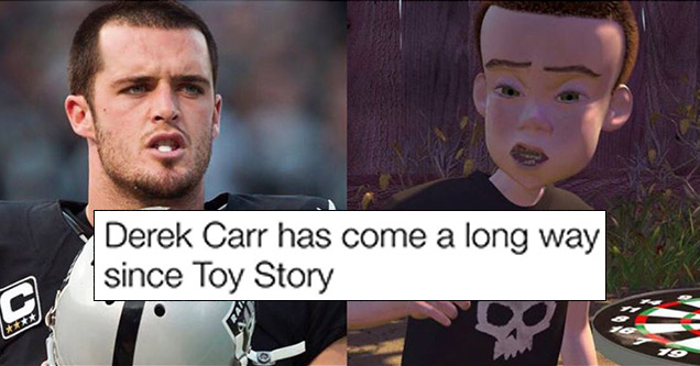 Funny side by side photos comparing Derek Carr from Toy Story and a popular football player