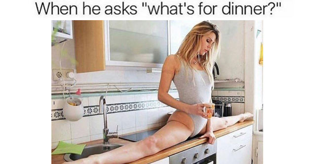 woman doing the splits on a kitchen counter