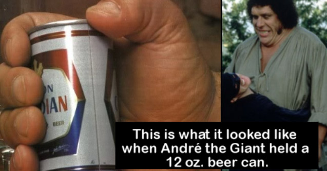 giant hand holding a beer can and picture of andre the giant