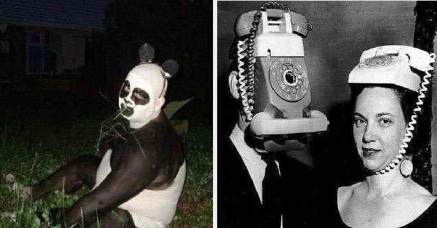 person dressed as a panda bear and couple wearing phones on heads