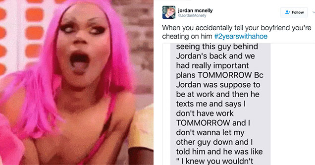 surprised girl with pink hair on talk show and DM of girl telling BF she is cheating on him